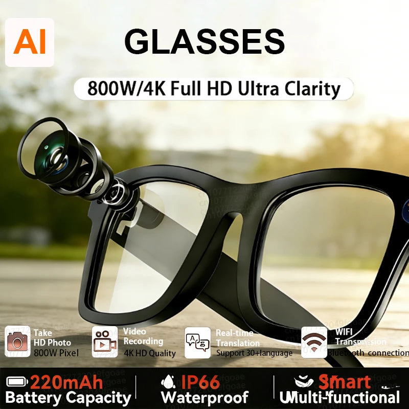 Waterproof Glasses 800W pixel Shooting Photo Video Voice AI Glasses HD 4K HD Camera Call Smart  AI Translation Bluetooth Glasses